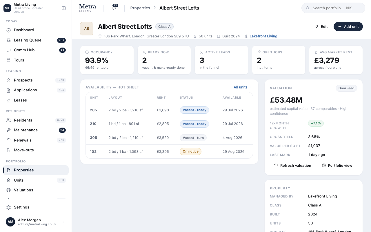 A building record with its DoorFeed valuation card — value, growth, yield, £/sq ft