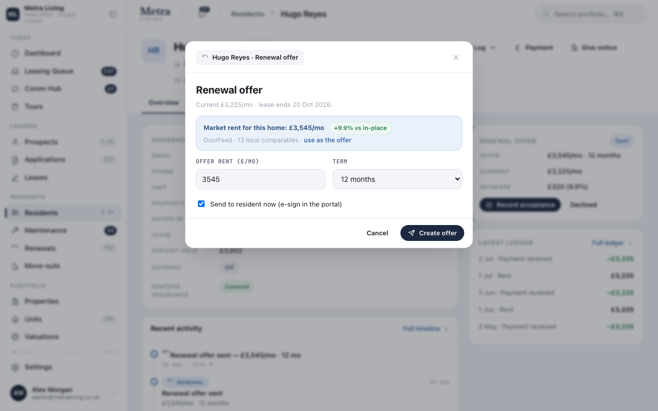 Renewal offer dialogue showing DoorFeed's market rent benchmark with one-tap apply