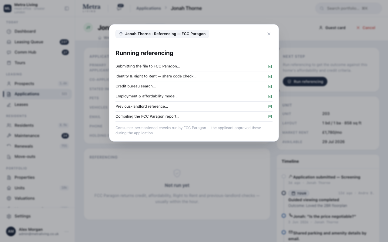 Referencing run in progress — FCC Paragon checks completing one by one