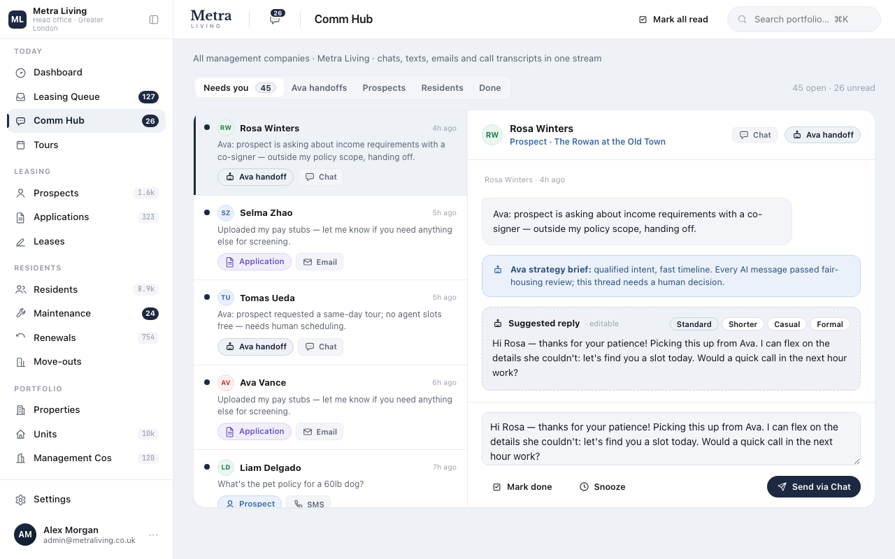 The Comm Hub and a suggested reply — first screen of the journey