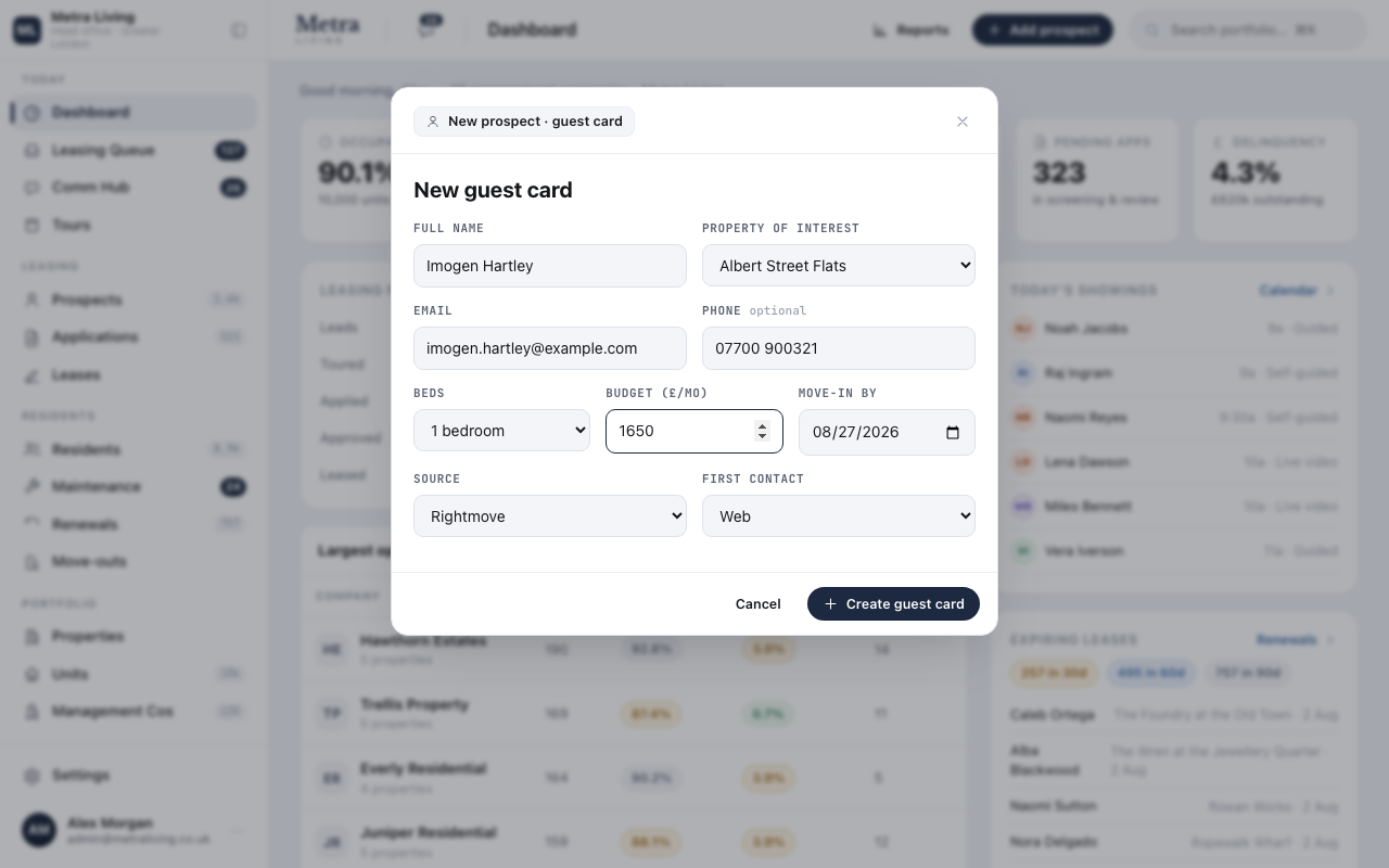 A new enquiry becomes a guest card — first screen of the journey